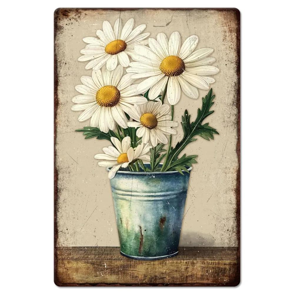 GLOBLELAND Металлическая жестяная табличка Daisy Bucket - Растения Цветы Винтажная живопись Ретро Настенное искусство, Декор для дома, офиса, гостиной, бара