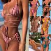 Women's Fashion Sexy Two Piece Bikini Swimsuit Padded Halter Bandage Top Tie Side Thongs Swimwear Set Solid Backless Tankini Bathing Suit
