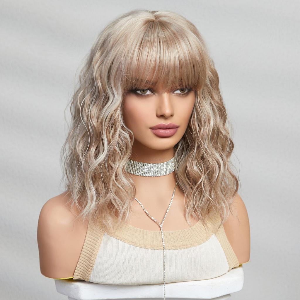 ALAN EATON Short BOB Synthetic WIGS Light Blonde Curly Wig with Bangs for Women Cosplay Daily Party Heat Resistant Fiber Wig