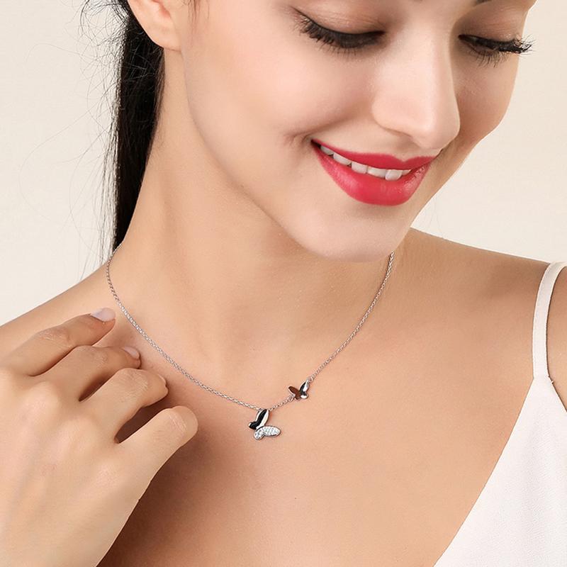 Big Small Two Butterfly Cubic Zirconia 925 Sterling Silver Clavicle Chain Necklace for Women Ladies Korean Dainty Jewelry