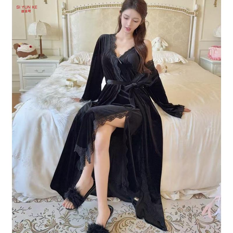 New French long velvet sexy pajamas lace temptation pure desire wind suspender nightdress robe loungewear set
