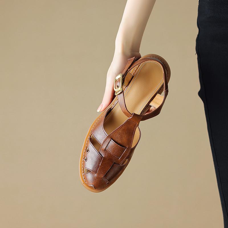 2024 летние сандалии из коровьей кожи с круглым носком женские сандалии на толстом каблуке женские туфли с закрытым носком женские туфли Мэри Джейн с вырезом