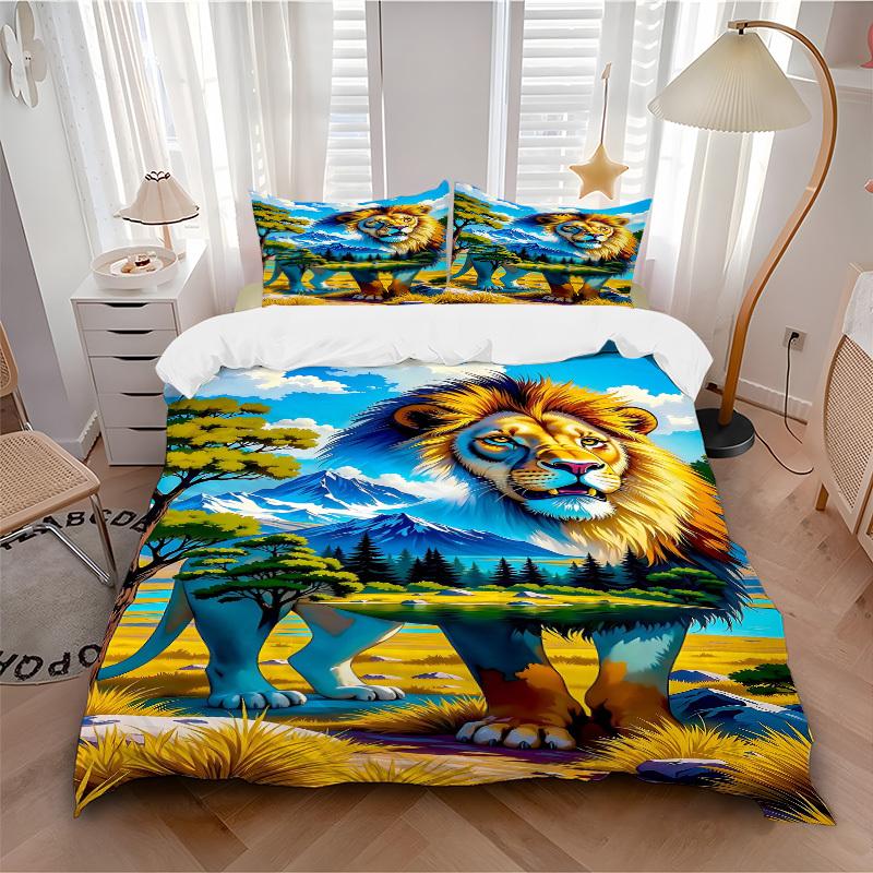 3pcs Lion Safari Duvet Cover Set -Includes 1 Duvet Cover and 2 Pillowcases, No Quilt Core, All-Season Home Decor yy251111117