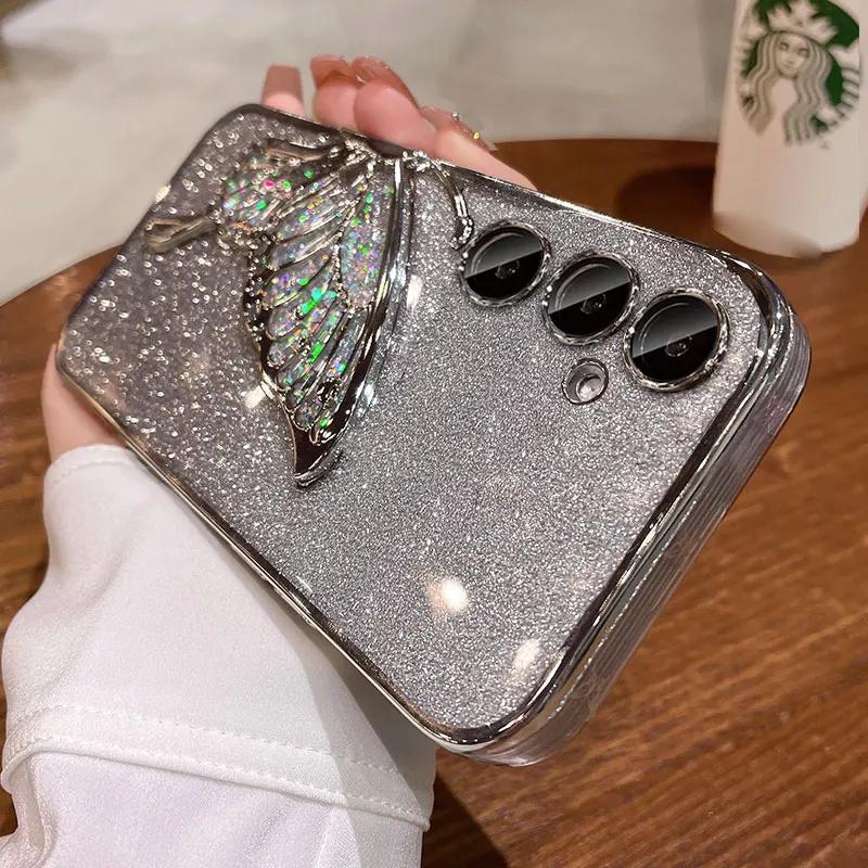 Чехол с блестками «Зыбучий песок» с бабочками для Samsung Galaxy A55 A34 A14 A15 A35 A25 A54 S23 Plus S24 FE S25 Ultra Противоударный чехол