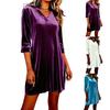 Women's Fashionable Color V Neck Seven Quarter Sleeved Loose Gold Velvet Casual Dress