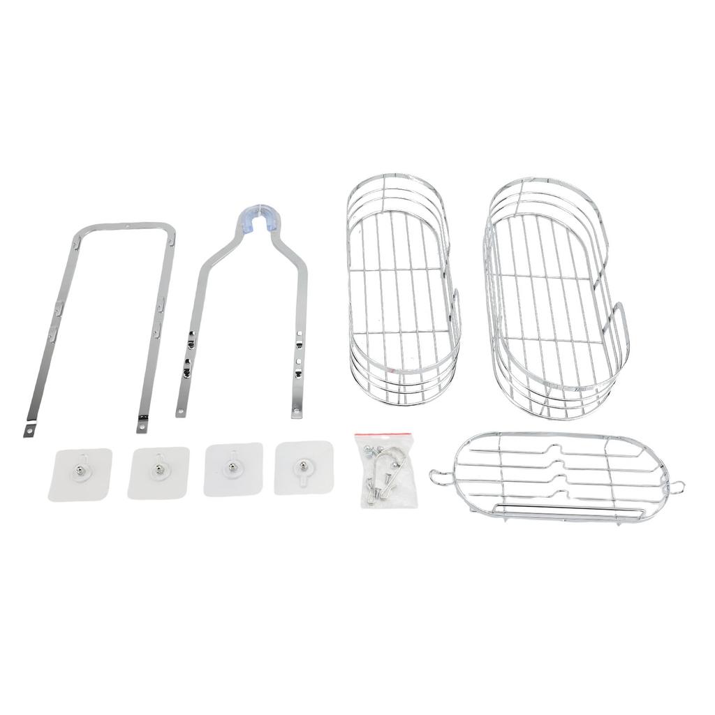 Shower Caddy Hanging Over Head Iron Bathroom Organizer Shelves with Soap Holder 2 Hooks for Towels Sponge Silver