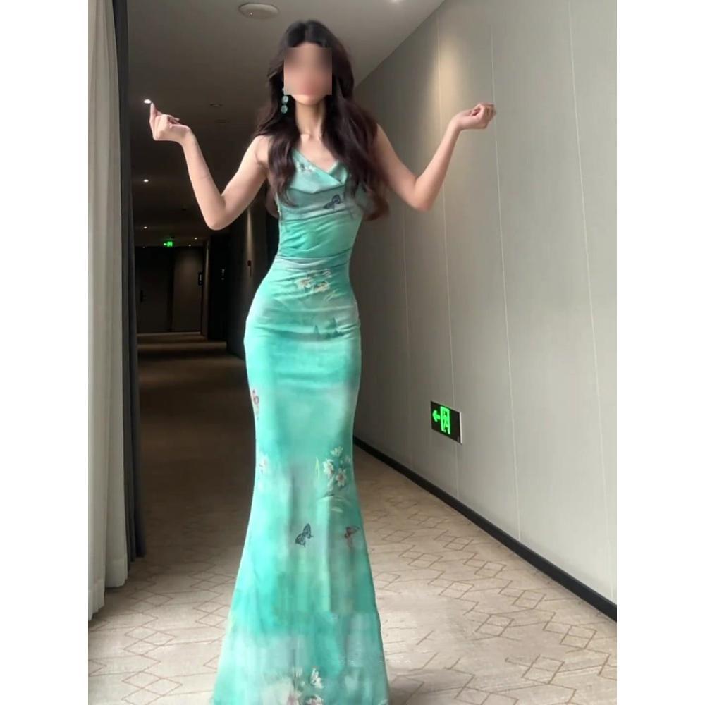 Французское зеленое платье-сарафан с принтом, с вырезом-качели, женское летнее для морского отдыха, красивое облегающее платье с рыбьим хвостом и драпировкой на бедрах