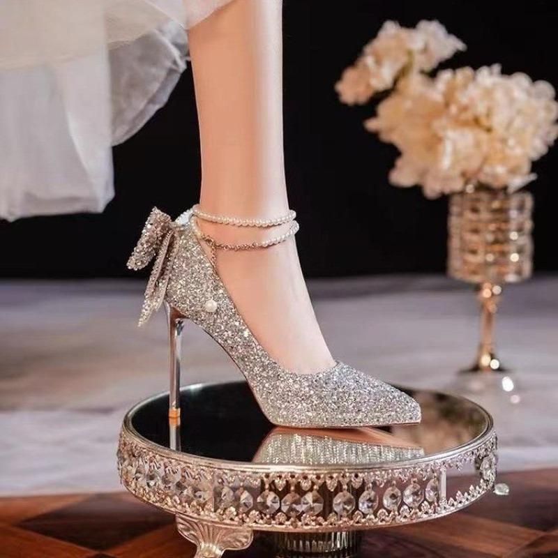 Мода Женские Туфли-Лодочки Острый Носок Мелкий Вырез Элегантный Бант с Блестками Высокий Каблук Тонкий Каблук Жемчуг Одинарные Туфли Женские Свадебные Туфли Невесты Женские
