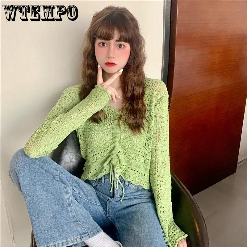 Женские вязаные топы в корейском стиле, весна-лето, свободные плиссированные короткие топы ярких цветов с v-образным вырезом и завязками