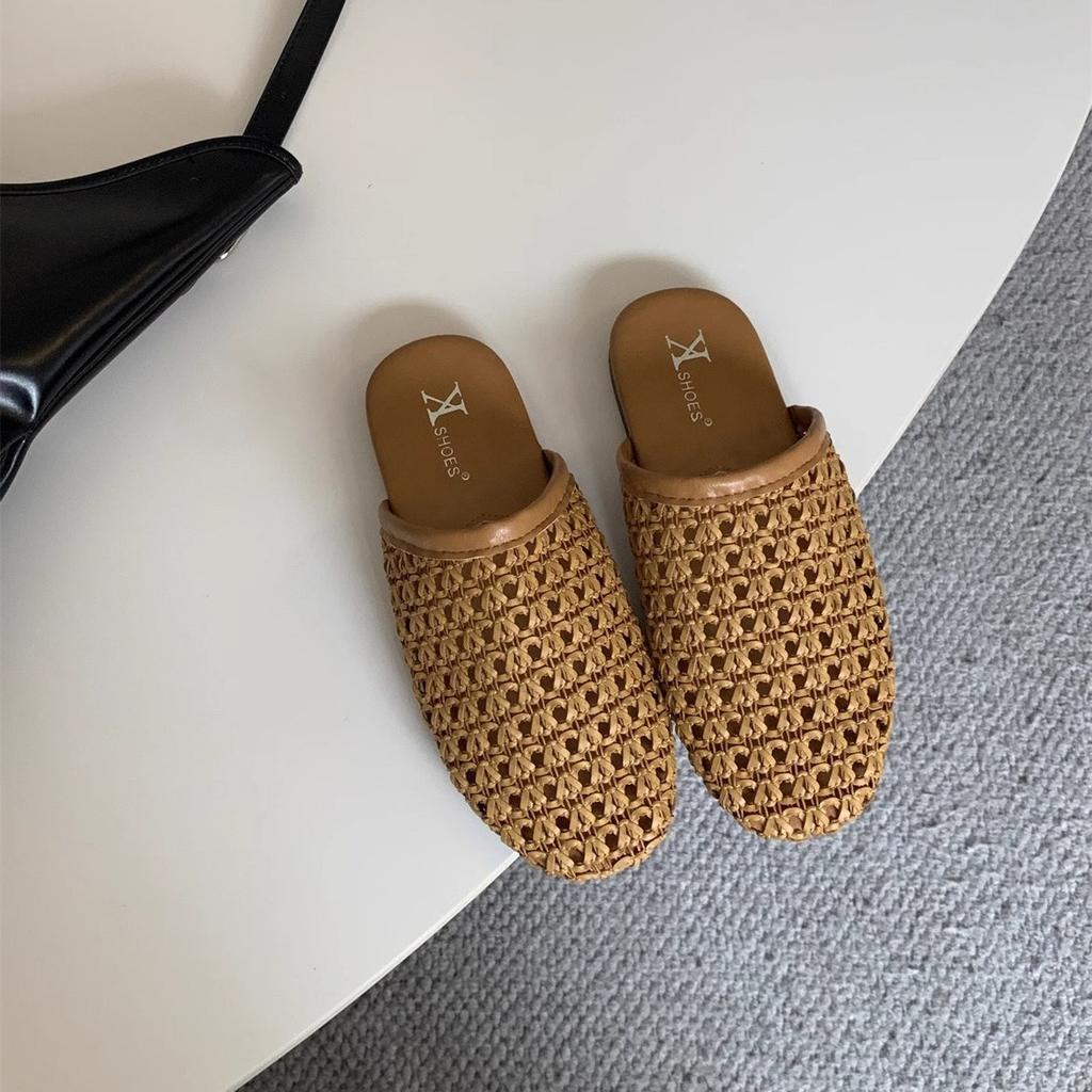 2025 Summer French Slippers Women's Versatile Outer Wear Retro Woven Bag Head Semi-breathable Non-slip Flat Bottom Muller Cool Slippers