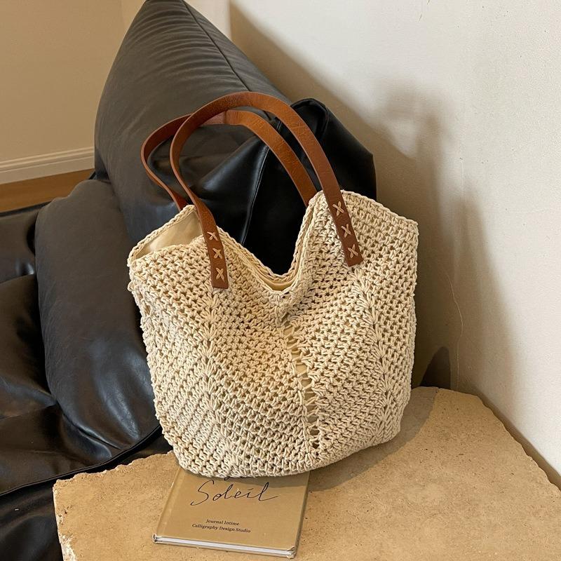 Lazy Wind Cotton Thread Woven Bag Women's Summer New Seaside Vacation Beach Bag Large Capacity Shoulder Tote Bag