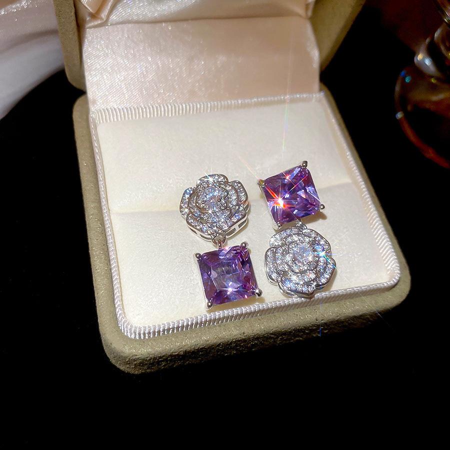 Французский придворный стиль Серьги-пусеты с прямоугольным цирконом на серебряных иглах Изысканные легкие роскошные высококлассные серьги Преувеличенные серьги Женщины