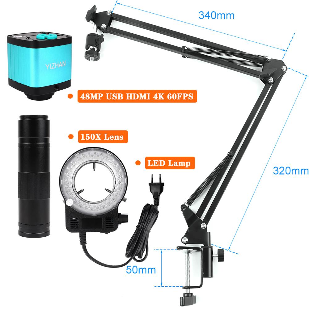 48-мегапиксельный HDMI-микроскоп, 150-кратная цифровая HD-камера, светодиодная лампа, увеличительный объектив, широкоугольный дисплей, регулируемый складной кронштейн