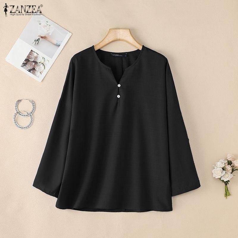 ZANZEA Женская повседневная однотонная блузка с v-образным вырезом и рукавами 3/4