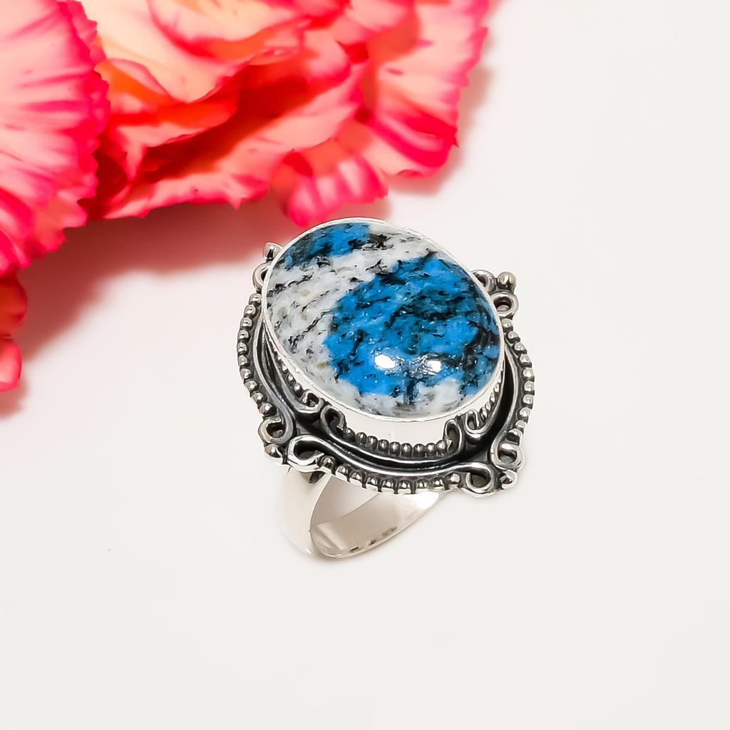 Кольцо из стерлингового серебра 925 пробы с К2 Азуритом - Пакистан V4560, Серо-синее кольцо, Овальное кольцо, Подарок на День святого Валентина, Подарок для нее, Подарок на день рождения, Ювелирное изделие ручной работы