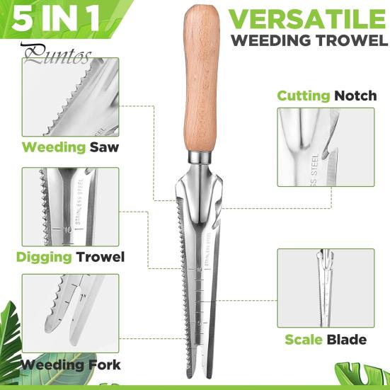 5-in-1 Garden Trowel Stainless Steel Weed Remover with Wooden Handle Multipurpose Hand Weeder for Easy Weed Removal Planting Transplanting
