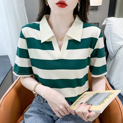 Женская полосатая футболка с длинным рукавом, из чистого хлопка, новая тонкая модель весна-осень 2025, с воротником поло, базовая, с темпераментным топом