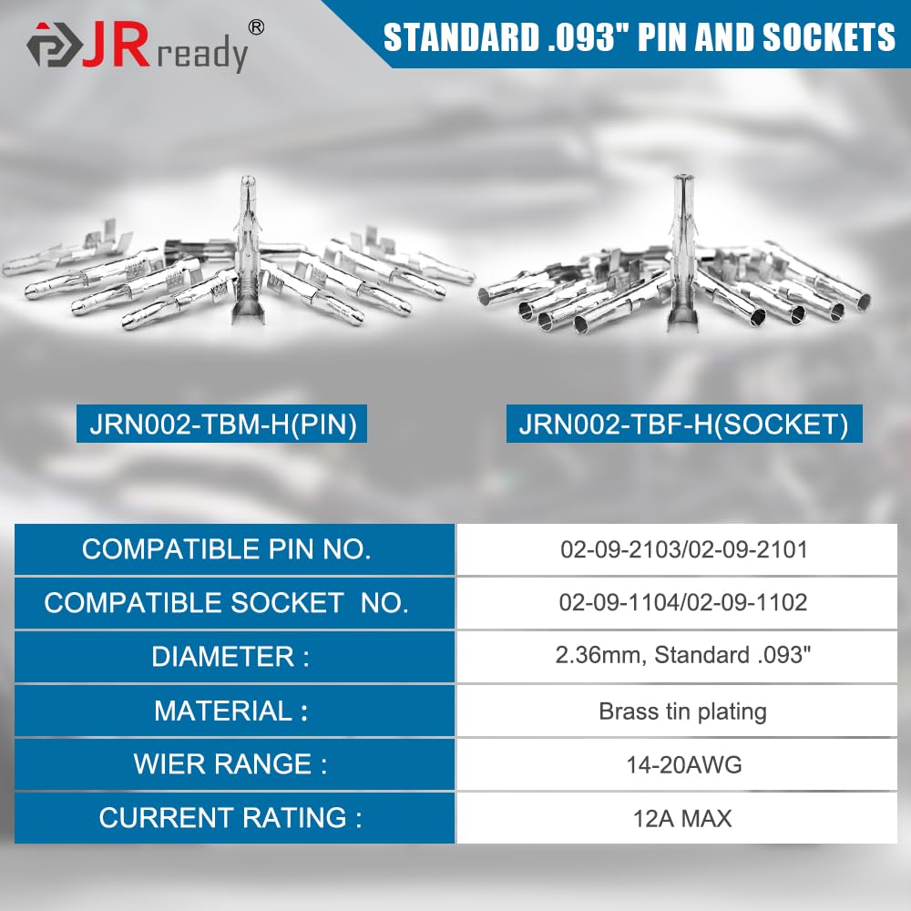 JRready 50 Pairs 2.36mm (Standard.093) Pin and Sockets 14-20 AWG, Compatible with Molex Standard.093 1189 1190 Series Male& Female Crimp Terminals,