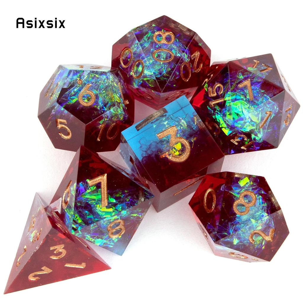 7 Pcs Red Resin Golden Number Sharp Edge Dice Polyhedral Dice Suitable for Role-Playing RPG Board Game