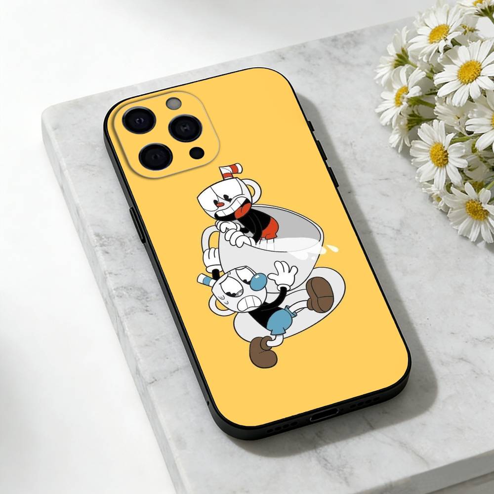 Cute CupHead And MugMan Phone Case For iPhone 17,16,15,14,13,12,11 Plus,Pro Max,SE4Soft Silicone Black Cover