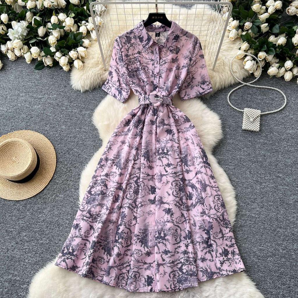 Винтажное платье с принтом, женское платье-рубашка трапециевидной формы с короткими рукавами и лацканами, женские элегантные летние длинные халаты трапециевидной формы, Vestidos