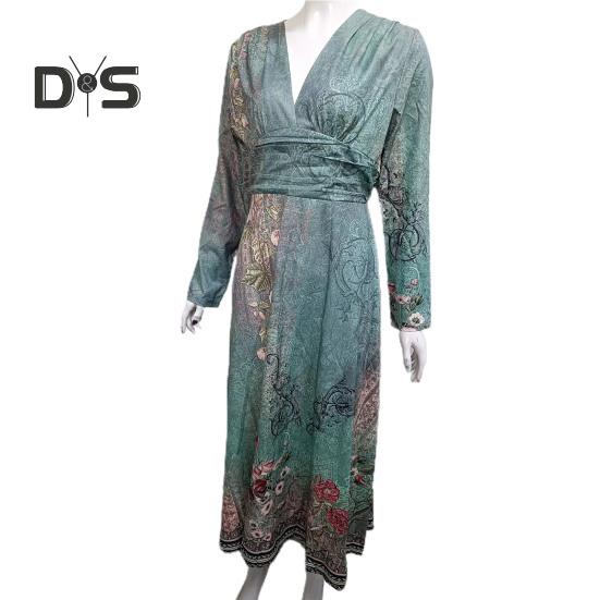 Women Elegant Floral Print Maxi Dress V Neck Long Sleeve High Waist Gown Dress A Line Long Dress Streetwear