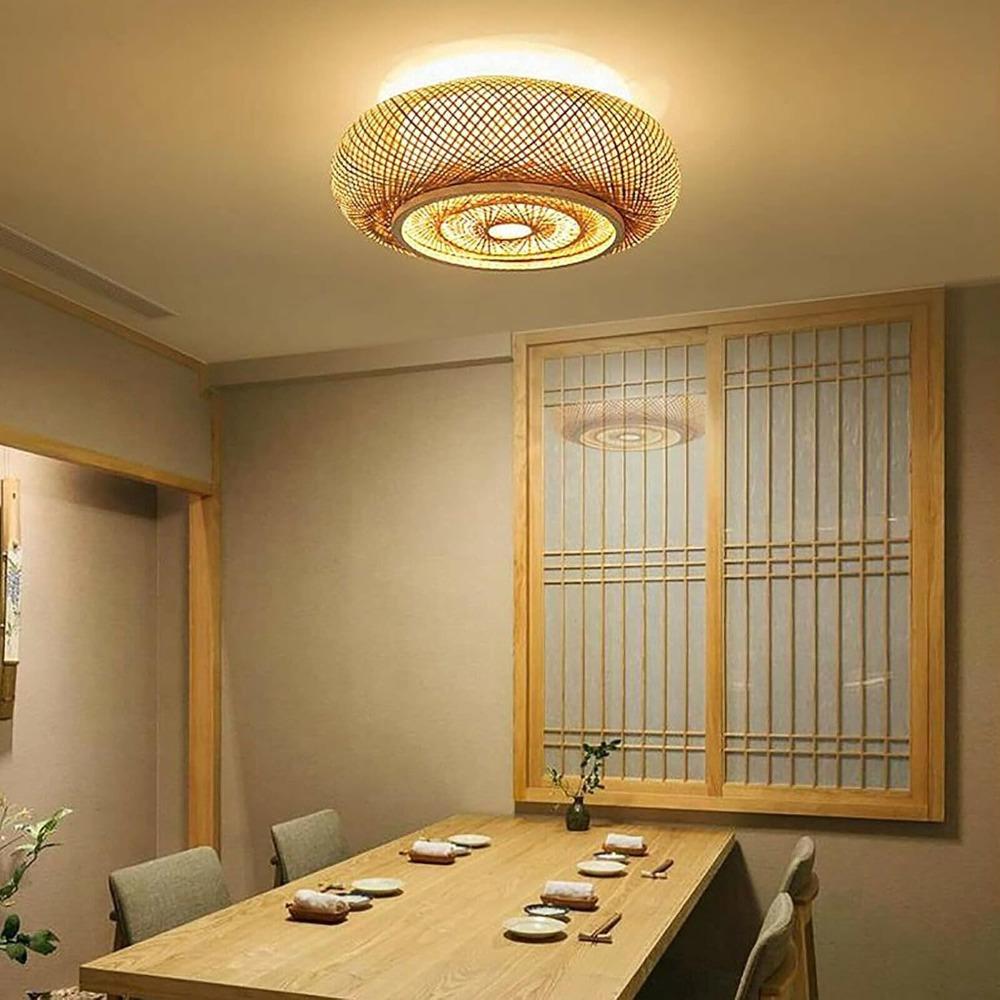 Vintage Hand-woven Bamboo Ceiling Light Wicker Light Fixtures Rattan Flush Mount Ceiling Light Traditional Home Decoration Lamps