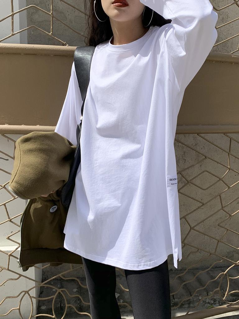 Женская однотонная футболка с длинными рукавами и разрезом, корейская весна-осень, женские повседневные свободные топы, белые рубашки