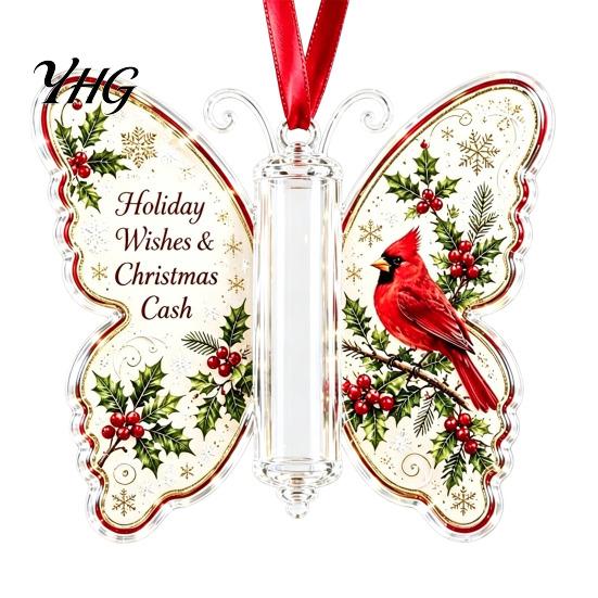 Festive Tree Hanging Decor Butterfly Cash Gift Ornament, Christmas Money Holder with Gifts for Family Friends Print, Acrylic Pendant Surprise Giving,