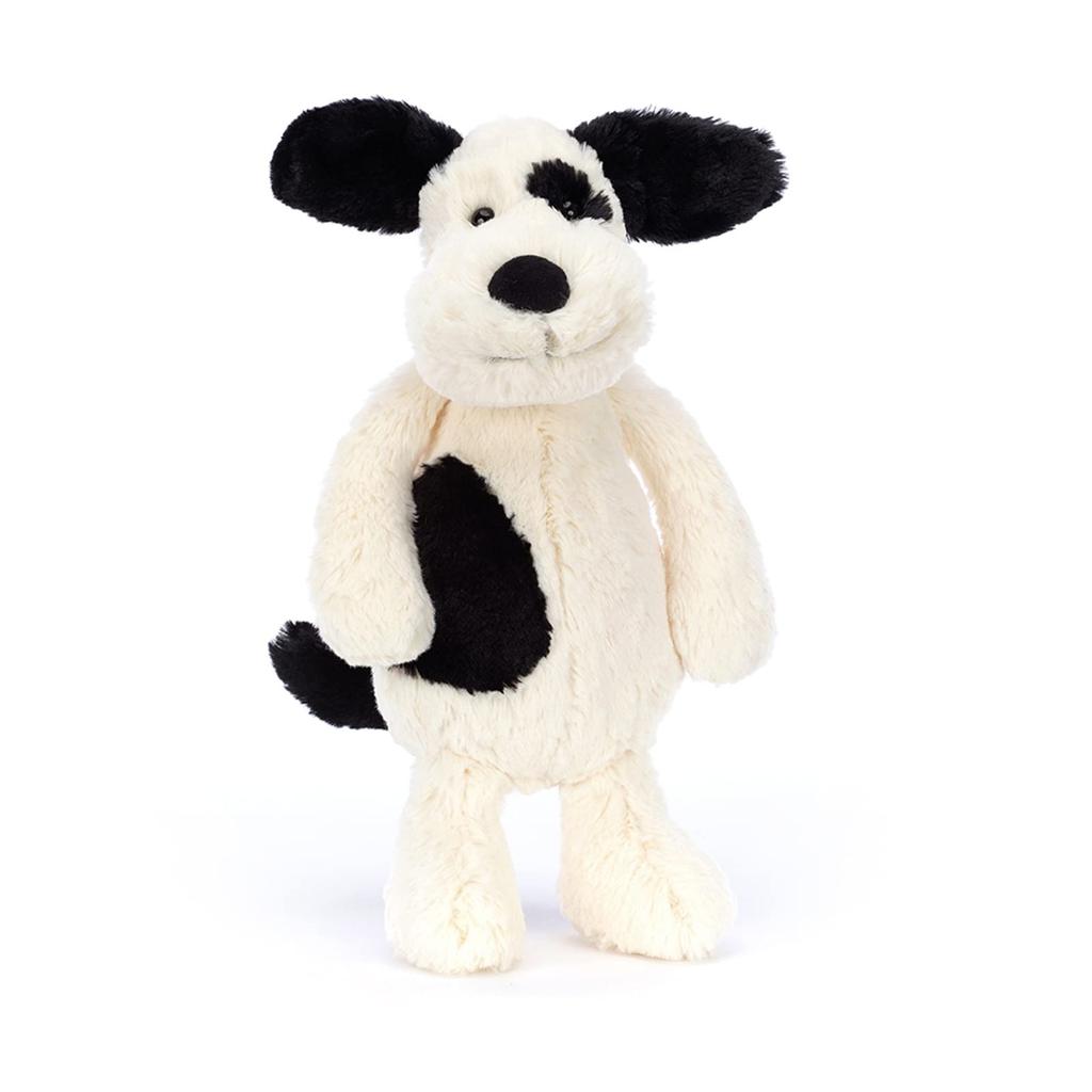 Плюшевая собака Jellycat Bashful Puppy, средняя, сидячая, черная с кремовым, 20 см, и
