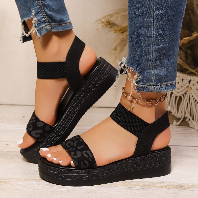 Women's Wide Width Platform Sandals, Elastic Slip-On Wedge Heels, Leopard Print Wholesale Slides for Women