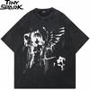 Мужская футболка вымытого черного цвета Harajuku Streetwear Аниме Мультфильм Ангел Девушка Графическая футболка Хлопковая футболка Топы Футболки Унисекс YK