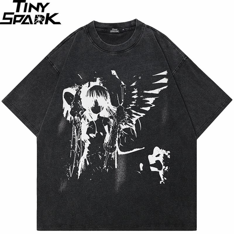 Мужская футболка вымытого черного цвета Harajuku Streetwear Аниме Мультфильм Ангел Девушка Графическая футболка Хлопковая футболка Топы Футболки Унисекс YK