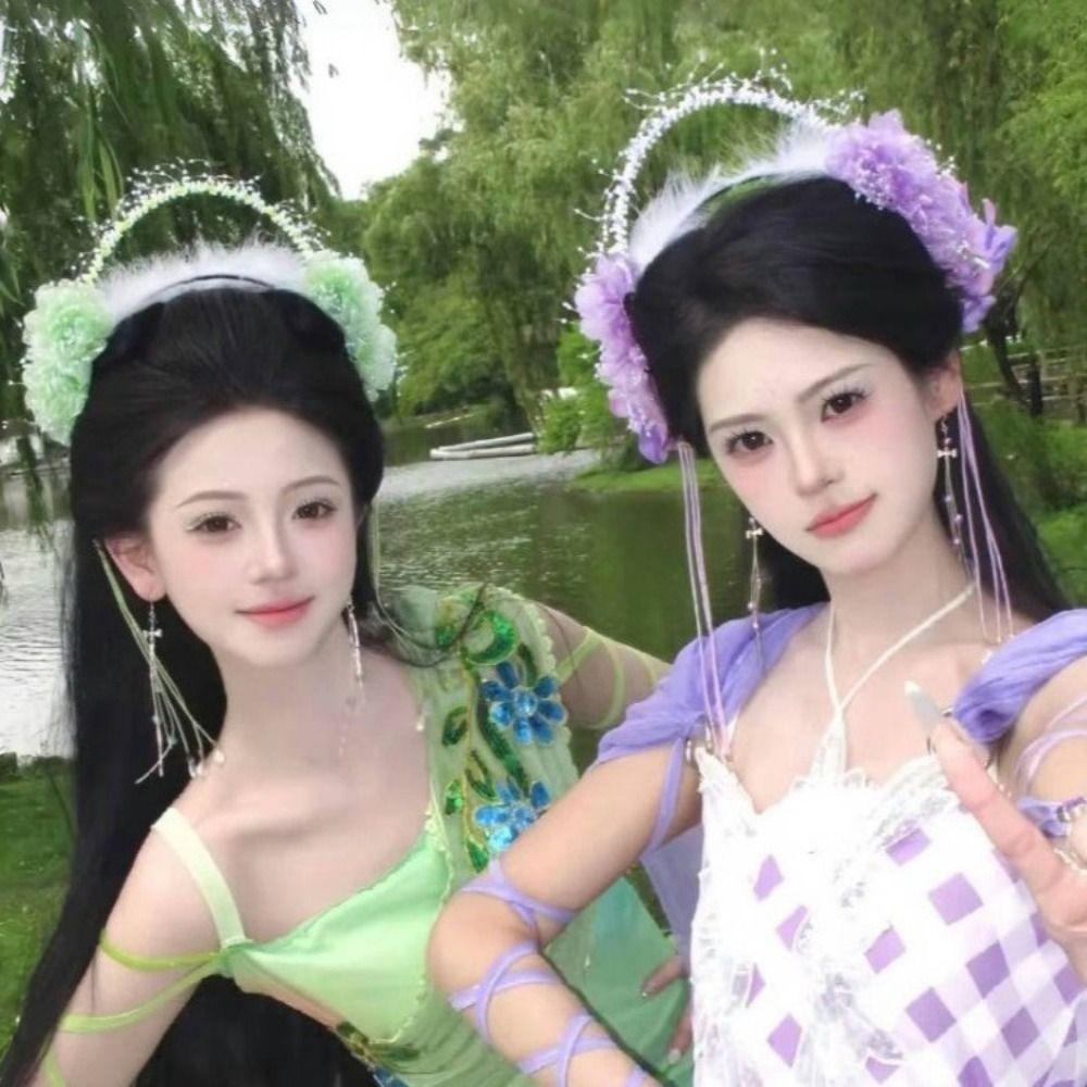 Ободок для волос с кисточками из бусин и перьев, аксессуары для волос для ханьфу, милая повязка на голову с цветами, для девочек