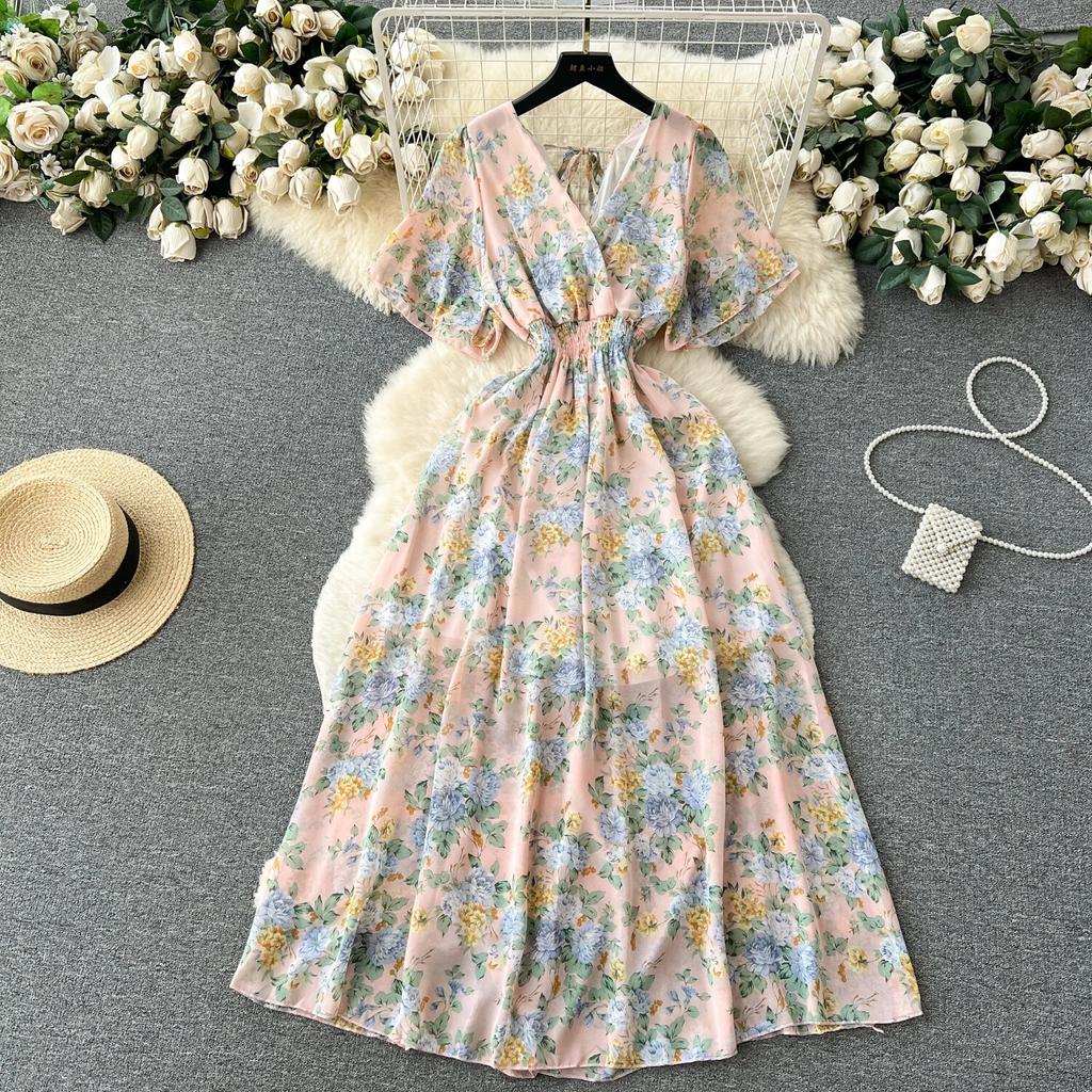 Морское праздничное шифоновое платье с принтом, женское летнее новое обтягивающее талии с v-образным вырезом средней длины, большая распашная юбка, модная