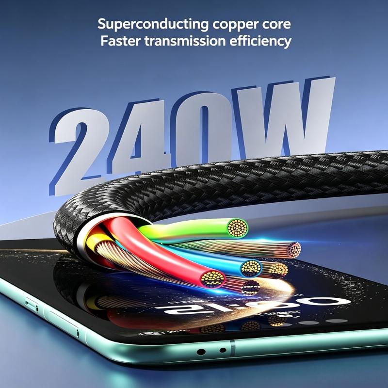 Кабель USB C - USB C 240 Вт Быстрая зарядка, 1,5 м Текстильный Type C Кабель для зарядки с передачей данных 480 Мбит/с для стола, прикроватной тумбочки, путешествий и офиса