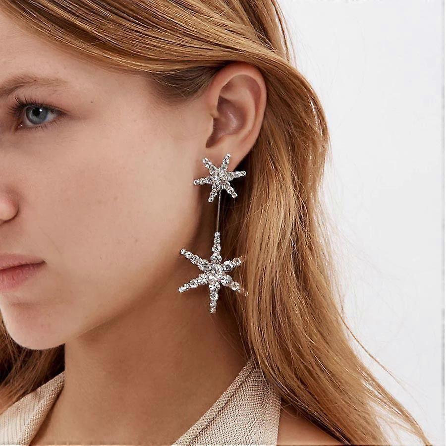 Six-pointed star earrings, gold-colored earrings, high-end French rhinestone earrings, deep and light matching silver