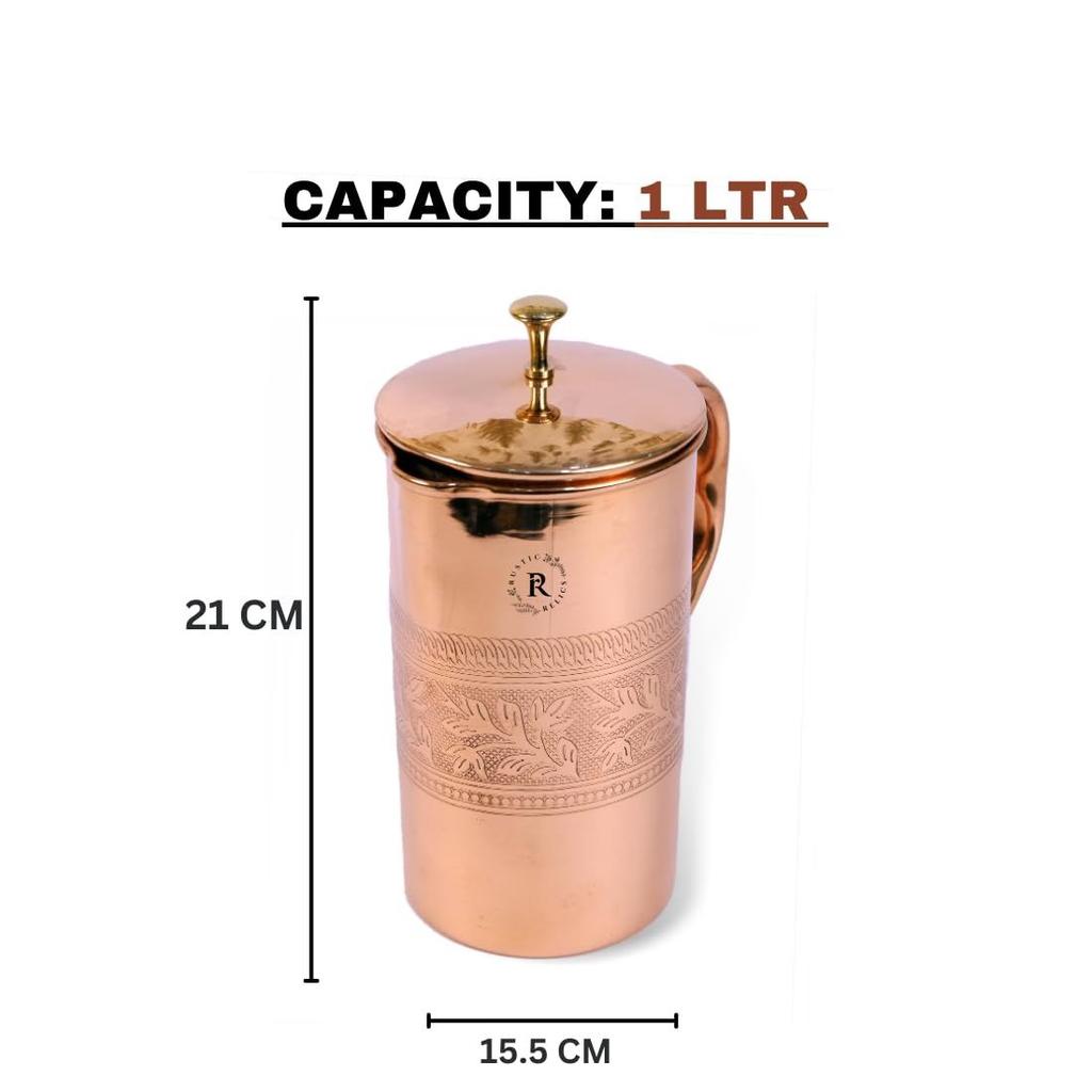 Pure Copper Jug - 1L Hand Made | with Beautiful Embosed Engraving | Copper Pitcher with Ayurvedic Health Benefits | Improved Water Taste