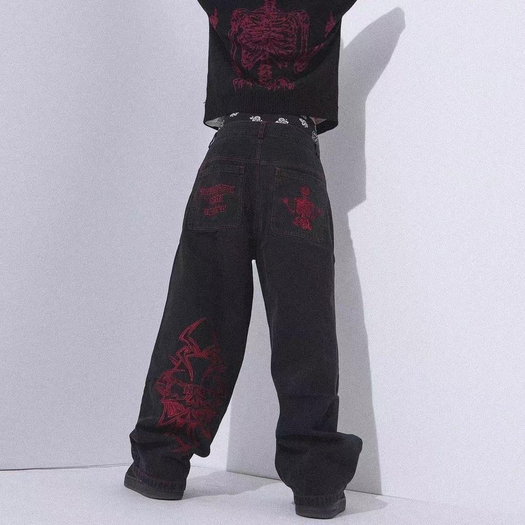 Y2K Jeans Mens Hip Hop Retro Skull Embroidery Washed Baggy Denim Pants New Straight Casual Loose Wide Leg Trouser Streetwear