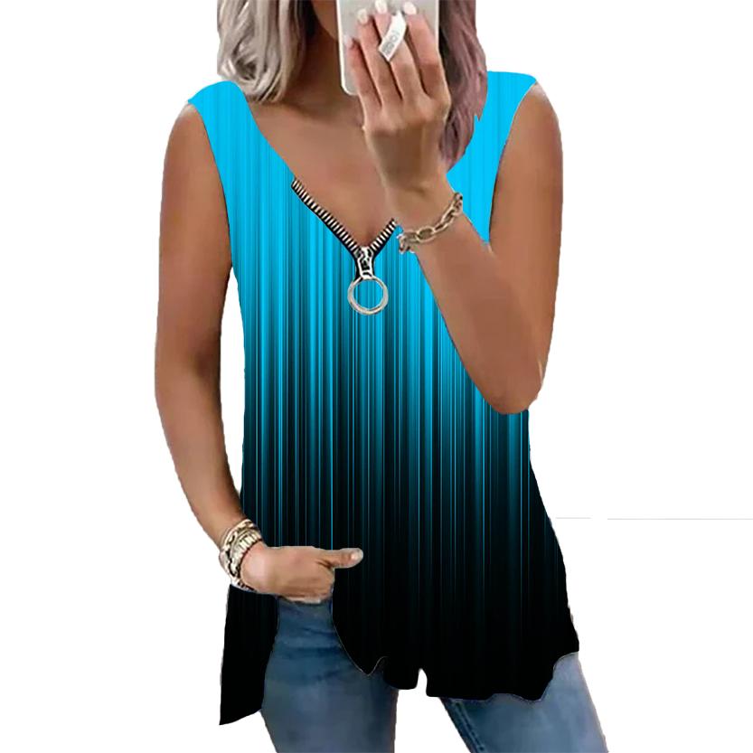 Женский топ, летний новый модный синий топ в вертикальную полоску с принтом, повседневный топ без рукавов на молнии с v-образным вырезом, майка на бретелях