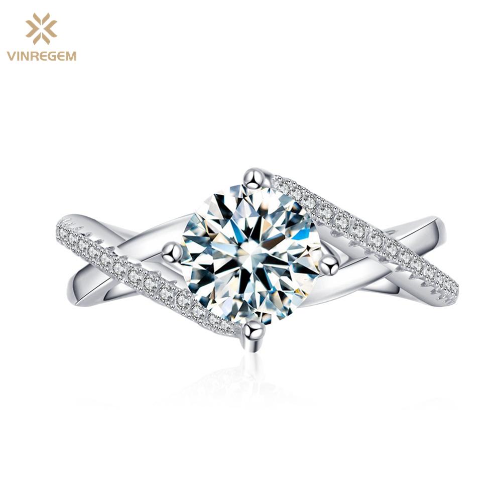 Vinregem 100% 925 Sterling Silver 3EX VVS1 D Color Round Cut 6.5MM 1CT Real Moissanite Diamonds Ring for Women Engagement Fine Jewelry Gifts