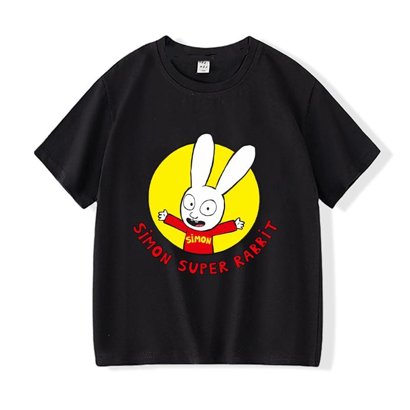 Футболка Simon Super Bunny Забавная Детская для Мальчиков с Круглым Вырезом и Коротким Рукавом Весна Лето для Девочек Повседневная с Мультяшным Узором Одежда