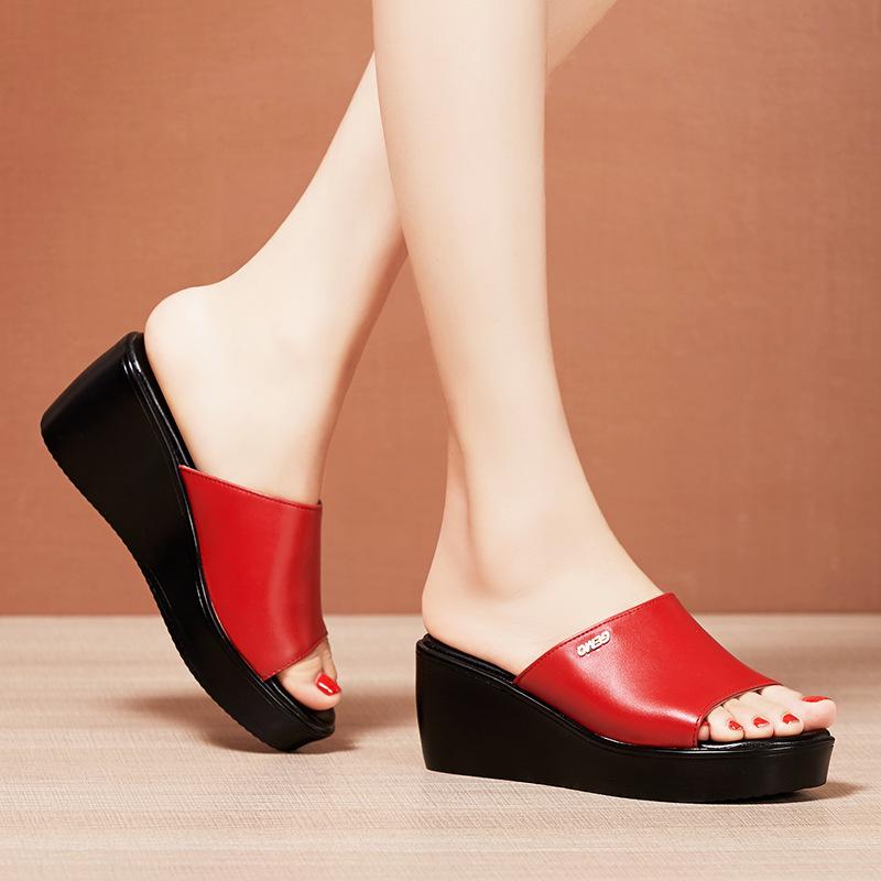 6 см Маленький Большой Размер 32-43 Удобные Мягкие Кожаные Тапочки Женские Шлепанцы 2025 Лето Средний Каблук Платформа Клинья Обувь Мама Пляж