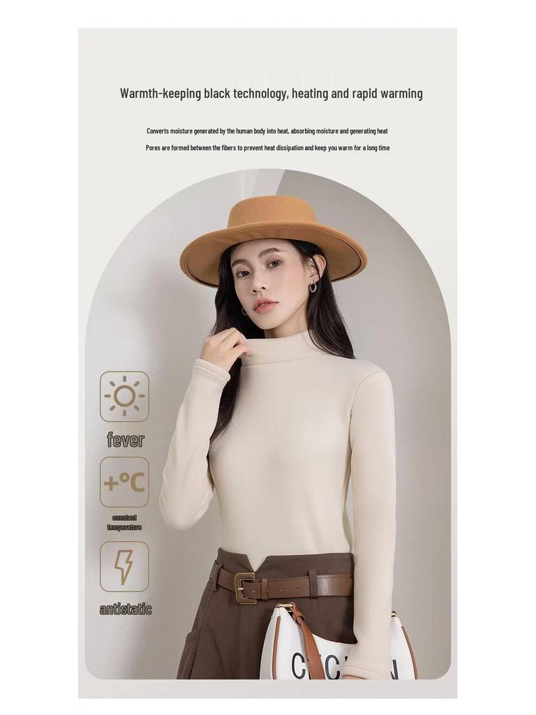 Camel Wool Women's Thick Fleece-Lined Semi-High Neck Top for Autumn/Winter