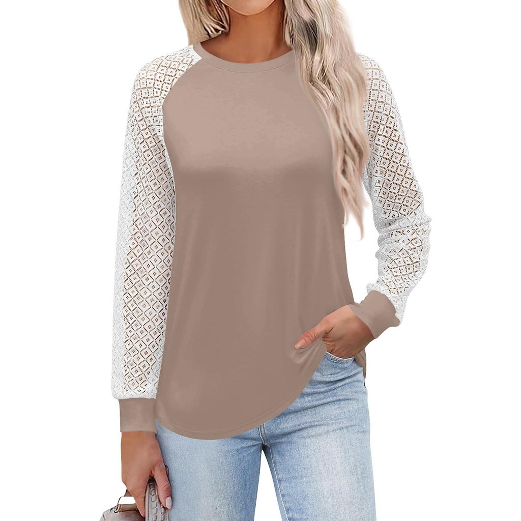 Women's  Long Sleeve  T Shirts Round Neck Lace Tops  Casual Blouses Trendy  Fashion Top