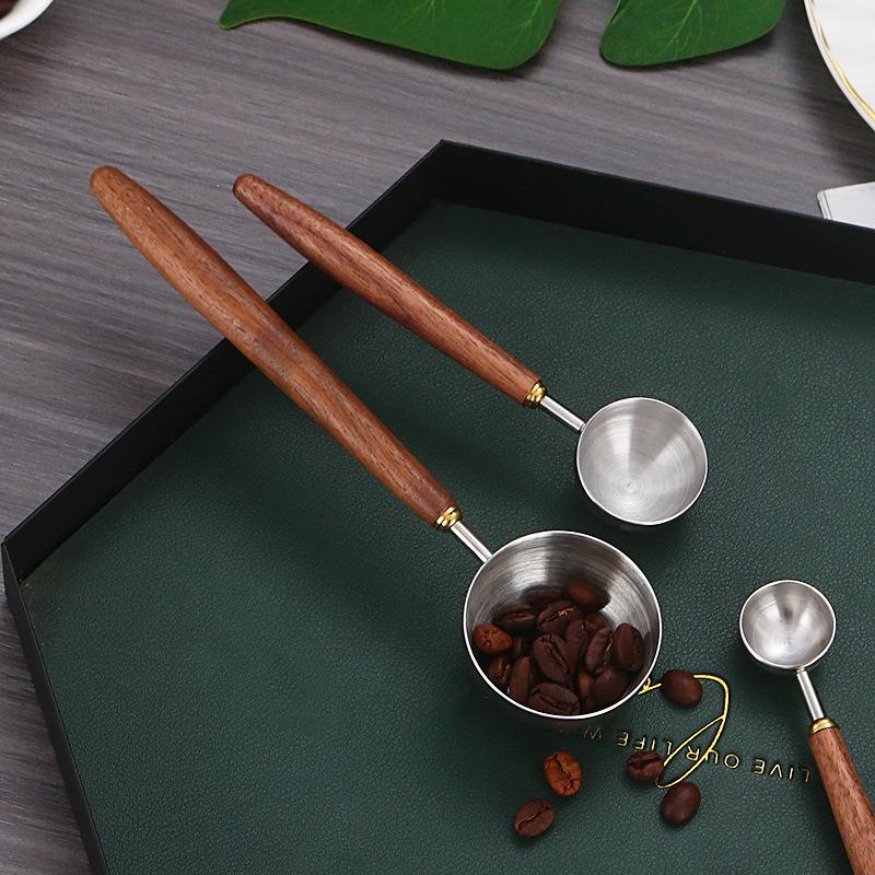 Measuring Spoon Walnut Wood Long Handle Coffee Spoons Household Wooden Handle Stainless Steel Coffee Scoop Tablespoon Cafe Tools