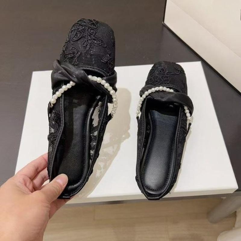 Fashion Fashion Baotou Slippers Summer New Square Toe Shallow Mouth Beaded Soft Sole Non-slip Wear-resistant Flat Shoes