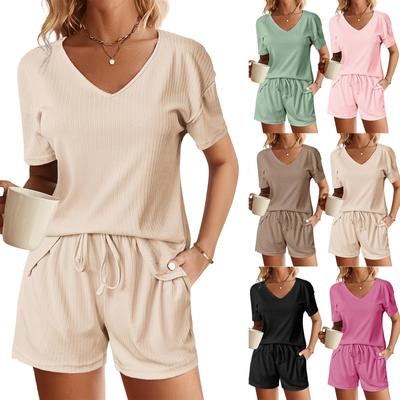 Женские модные однотонные шорты с V-образным вырезом и короткими рукавами, домашняя пижама для отдыха, комплект из двух предметов
