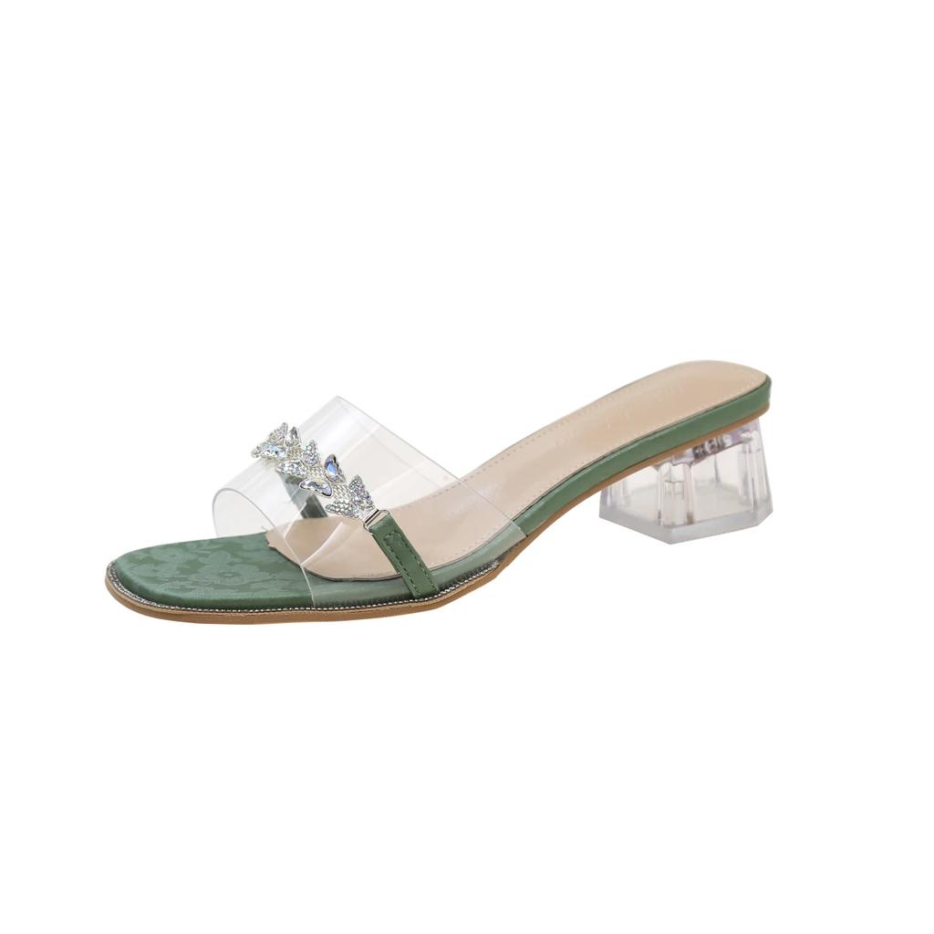 Fish Mouth Transparent Sandals Women's High Heels Fine Heel Rhinester Fairy Wind 2024 New Summer High Heels Slippers