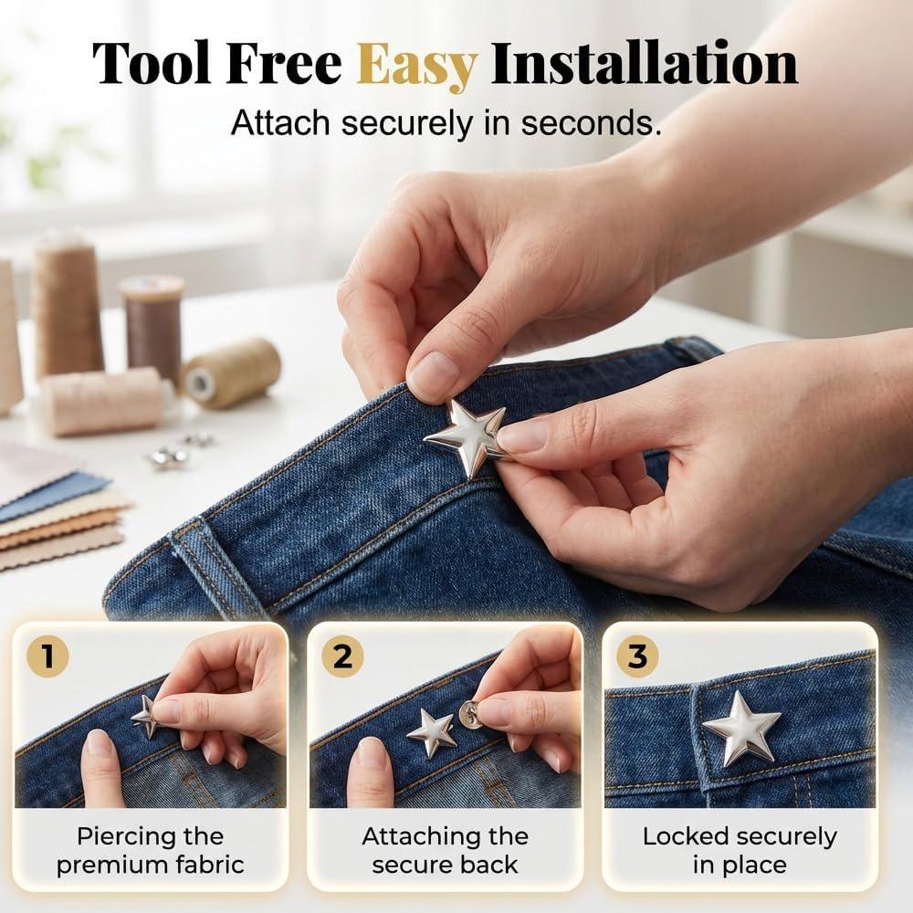 4 Sets Star Shape Pant Waist Tightener, No Sew Adjustable Jean Clips Buttons to Tighten Waist, Detachable Pants Waist Adjuster Tightener